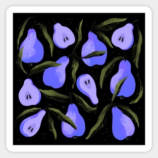 Pretty purple pear pattern with leaves on black background. Sticker